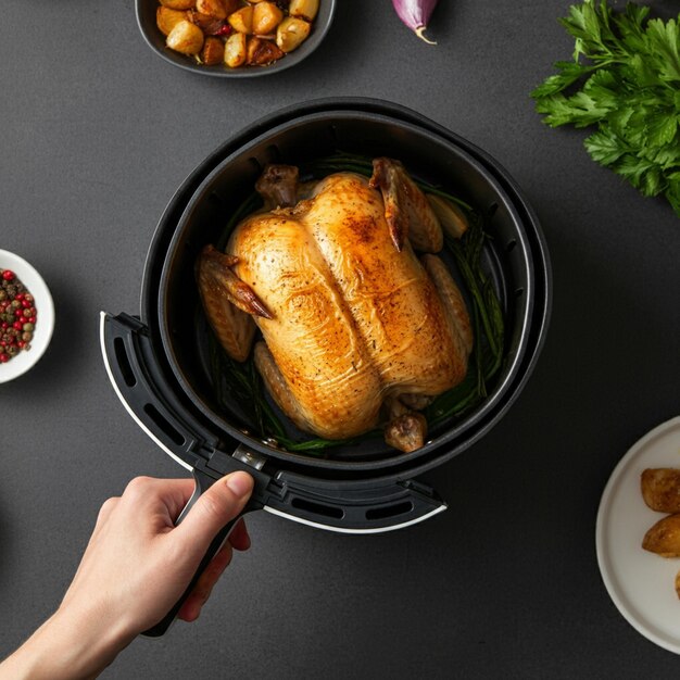 Photo a person is cooking a meal with a pan of bread and vegetables