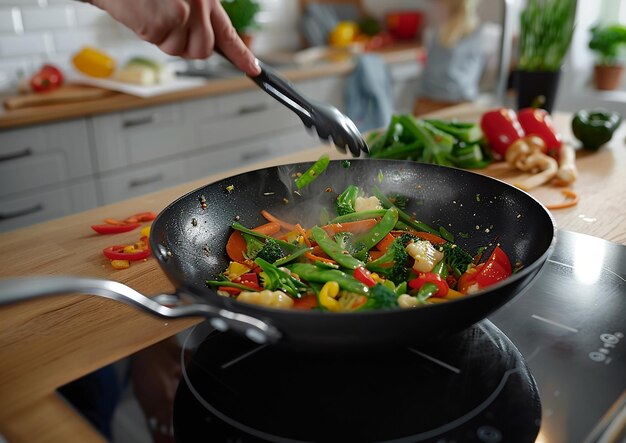 Photo a person is cooking a meal with a pan of vegetables and a spoon