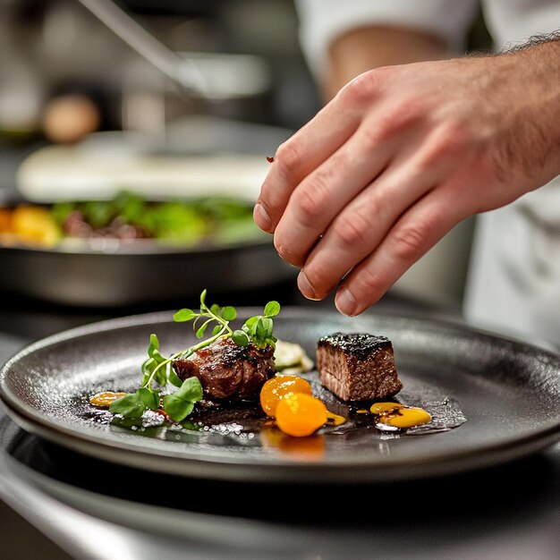 Photo a person is cooking some food in a kitchen with a plate of food