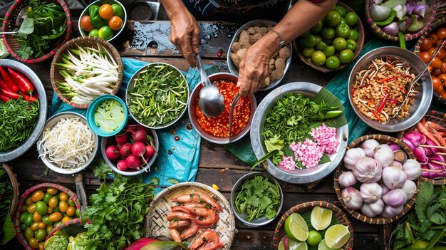 Photo a person is cooking vegetables and fruits and vegetables on a table