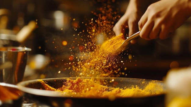 Photo a person is cooking with a spoon and a pan of food that has orange spices