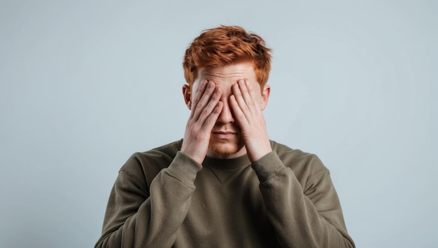 A person is covering their eyes with their hands