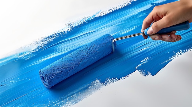 Photo a person is cutting a blue fabric with scissors