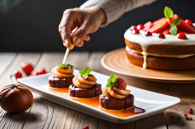 A person is cutting a cake with strawberries and chocolate on it.