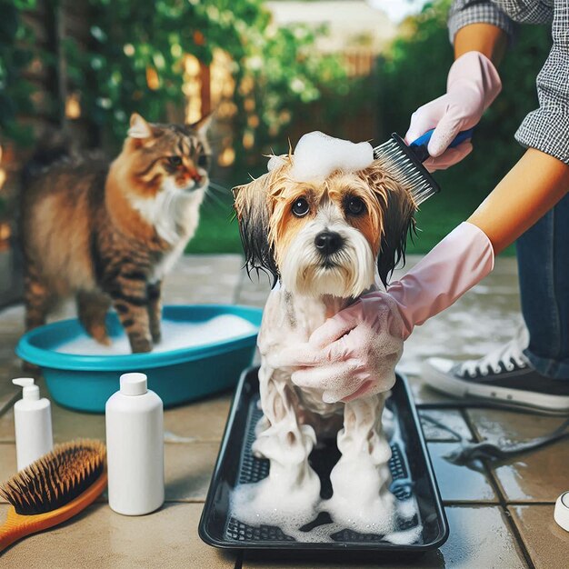 Photo a person is cutting a dog with a brush in front of a cat