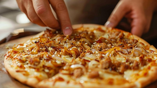 Photo a person is cutting into a pizza with a knife and fork