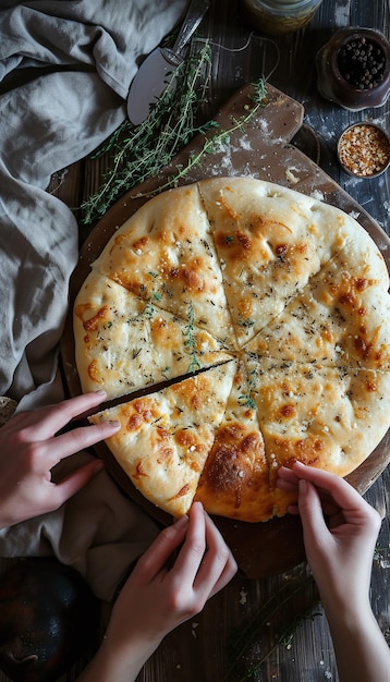 Photo a person is cutting into a pizza with a knife and a knife