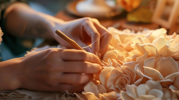 Photo a person is cutting a piece of cloth with a pencil