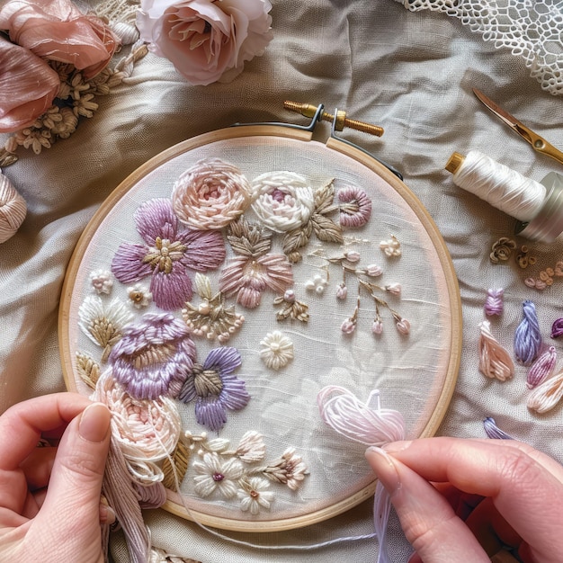 a person is cutting a piece of fabric with flowers on it