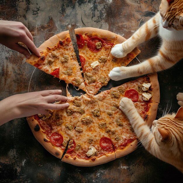 Photo a person is cutting a pizza with cats on it