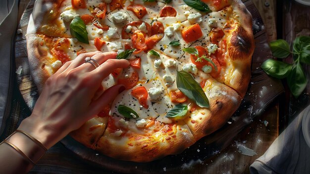 a person is cutting a pizza with a slice of pizza