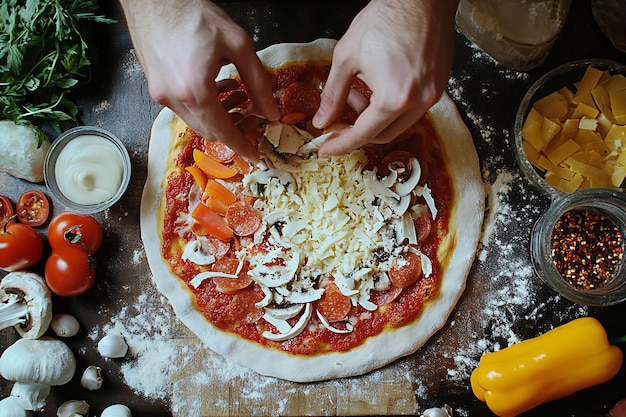 Photo a person is cutting a pizza with the toppings on it