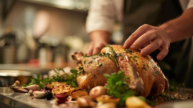 a person is cutting a turkey with a knife and the food on the table