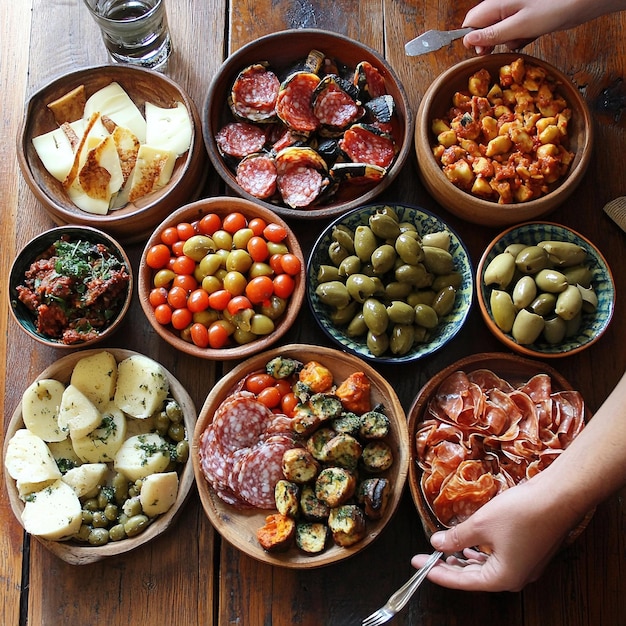 Photo a person is cutting up food on a table with many bowls of food