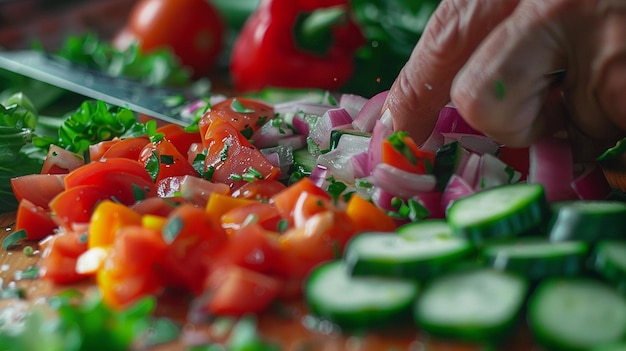 Photo a person is cutting up vegetables on a table with a knife