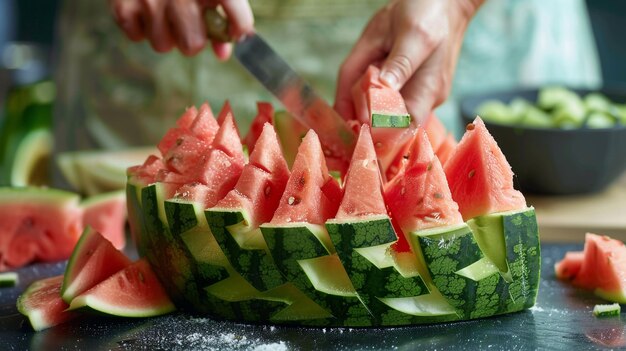 a person is cutting a watermelon with a knife