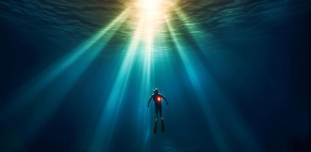 A person is diving underwater with a flashlight