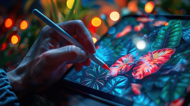 Photo a person is drawing a leafy green plant on a tablet