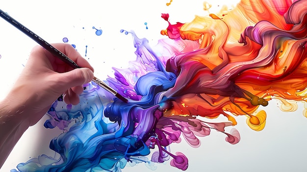 a person is drawing a picture of a colorful watercolor on a white background