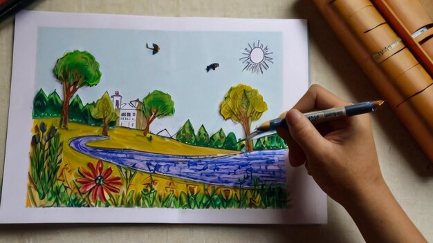 a person is drawing a picture of a river with a picture of a house and the sun in the background