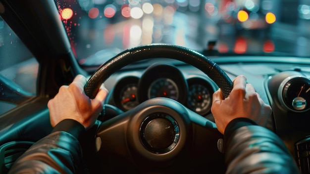 A person is driving a car with a steering wheel in their hands