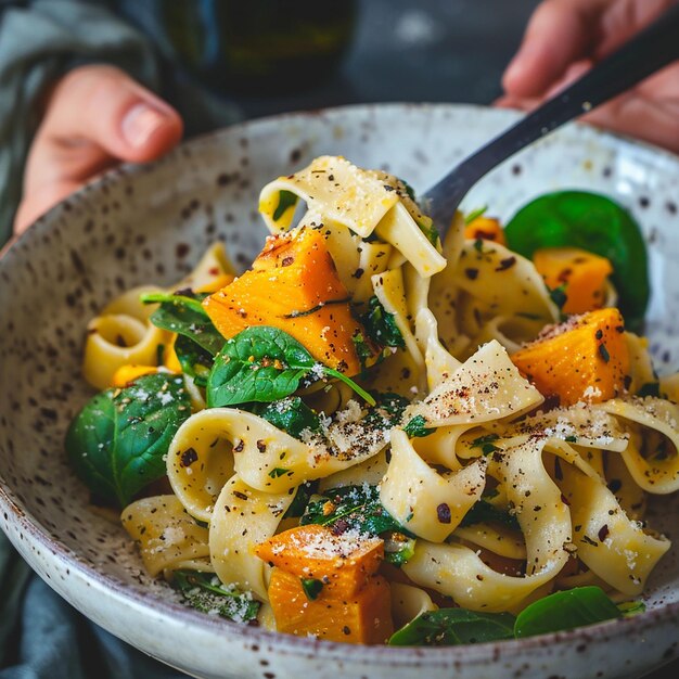 Photo a person is eating a bowl of pasta with a fork