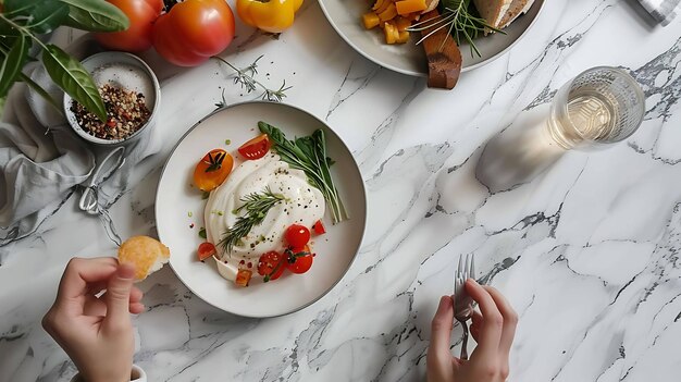 Photo a person is eating a meal with a fork and a plate of food