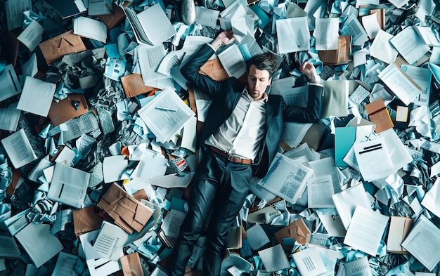 Photo a person is engulfed in a sea of papers symbolizing the overwhelming stress of excessive paperwork