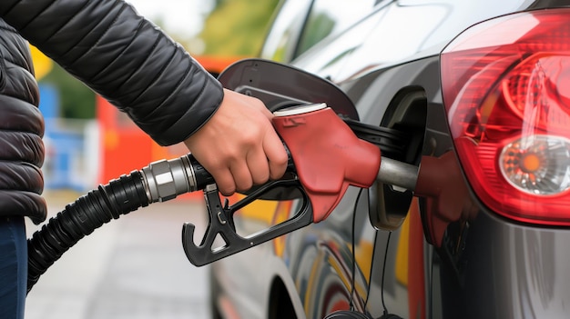 a person is filling up a gas pump with the word on it