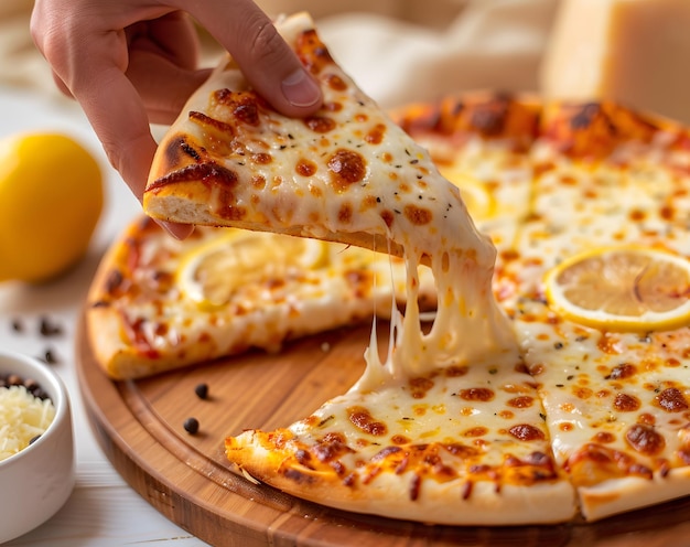 a person is grabbing a slice of pizza from a wooden board