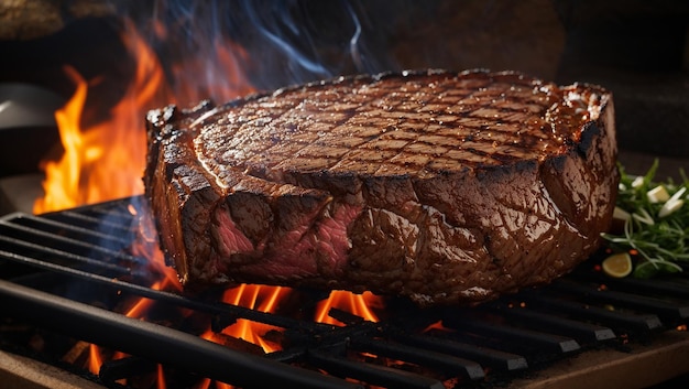 A person is grilling steaks on a large grill while standing in a grassy area