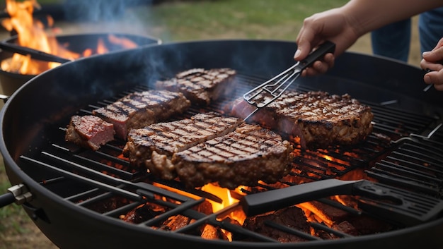 A person is grilling steaks on a large grill while standing in a grassy area