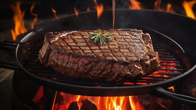 A person is grilling steaks on a large grill while standing in a grassy area