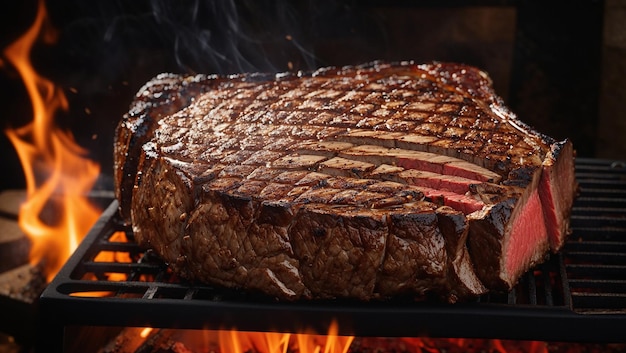 A person is grilling steaks on a large grill while standing in a grassy area