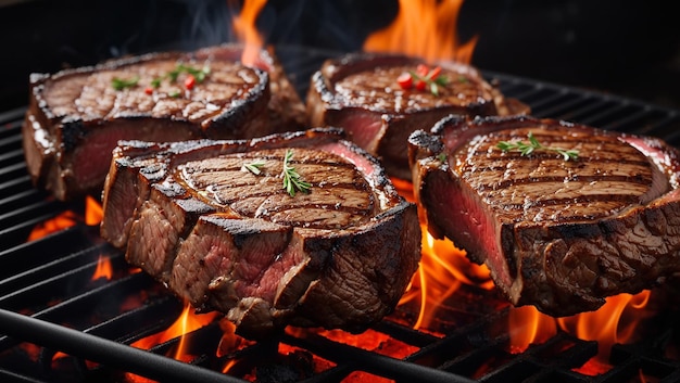 A person is grilling steaks on a large grill while standing in a grassy area