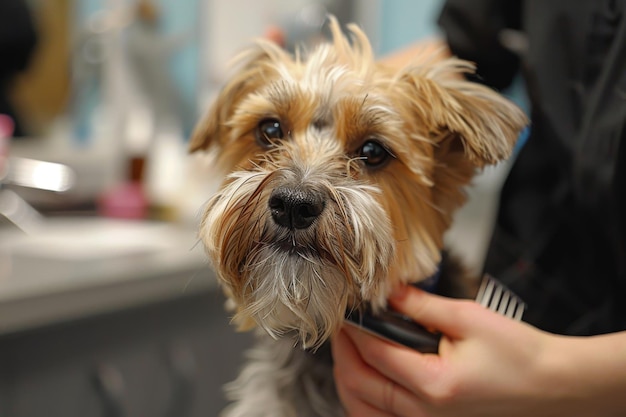 A person is grooming a small dog by combing its fur