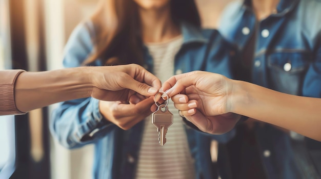 A person is handing over keys to two people