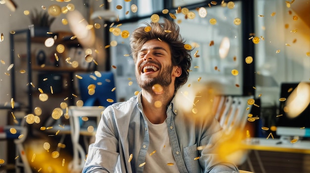 Photo a person is happily sitting in a room surrounded by coins raining down around