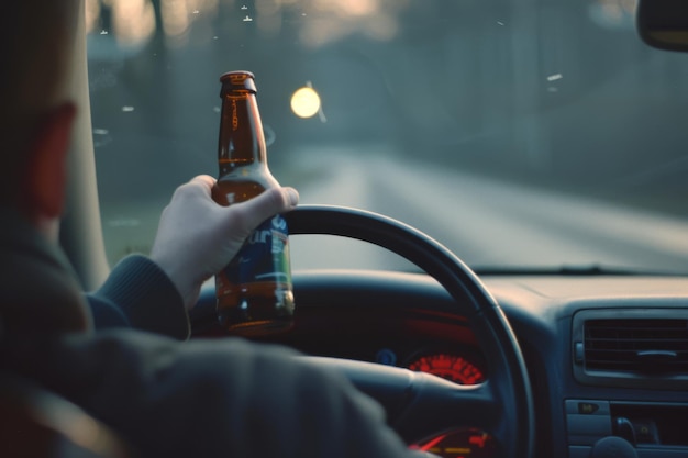 Photo a person is holding a beer bottle while driving in a dimly lit road suggesting the danger of drunk driving