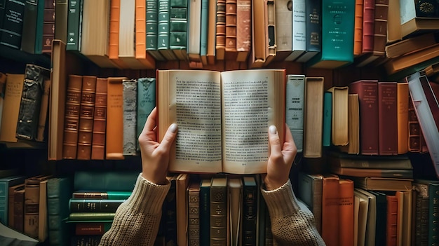 Photo a person is holding a book in front of a shelf of books