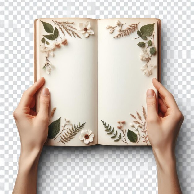 a person is holding a book with a floral pattern on the pages