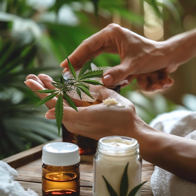 Photo a person is holding a bottle of oil and a plant