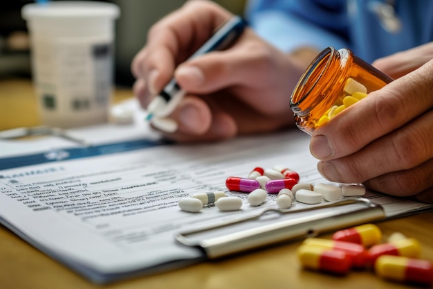 Photo a person is holding a bottle of pills and a paper with a prescription in it