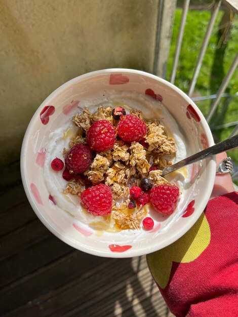 a person is holding a bowl of cereal with raspberries and milk