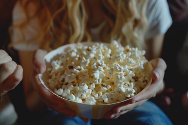 Person is holding bowl of popcorn