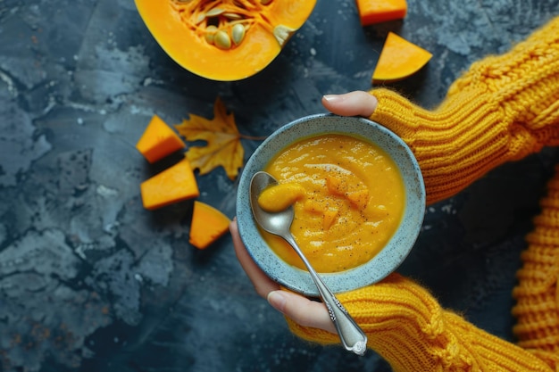 Photo person is holding bowl of soup with spoon