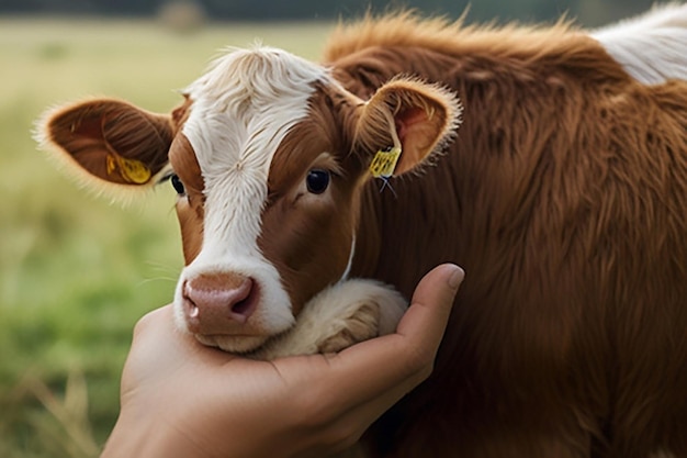 Photo a person is holding a calf with a tag in their ear