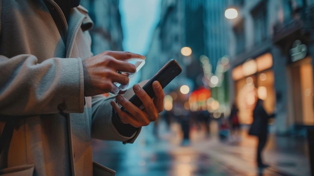 A person is holding a cell phone in a city street