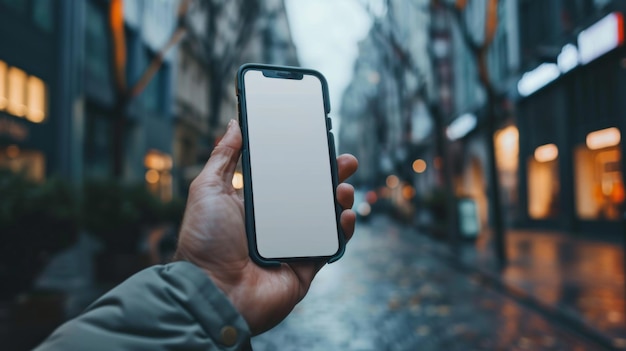 A person is holding a cell phone in a city street