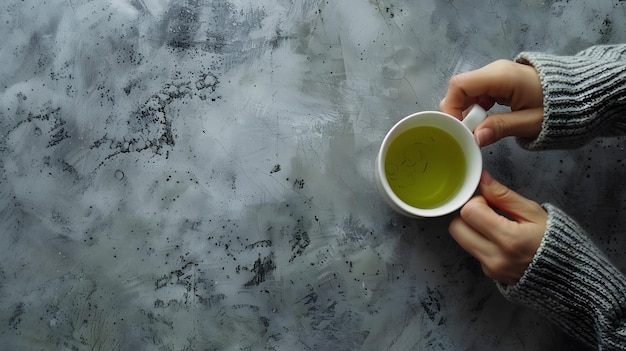 Photo a person is holding a cup of tea and a spoon